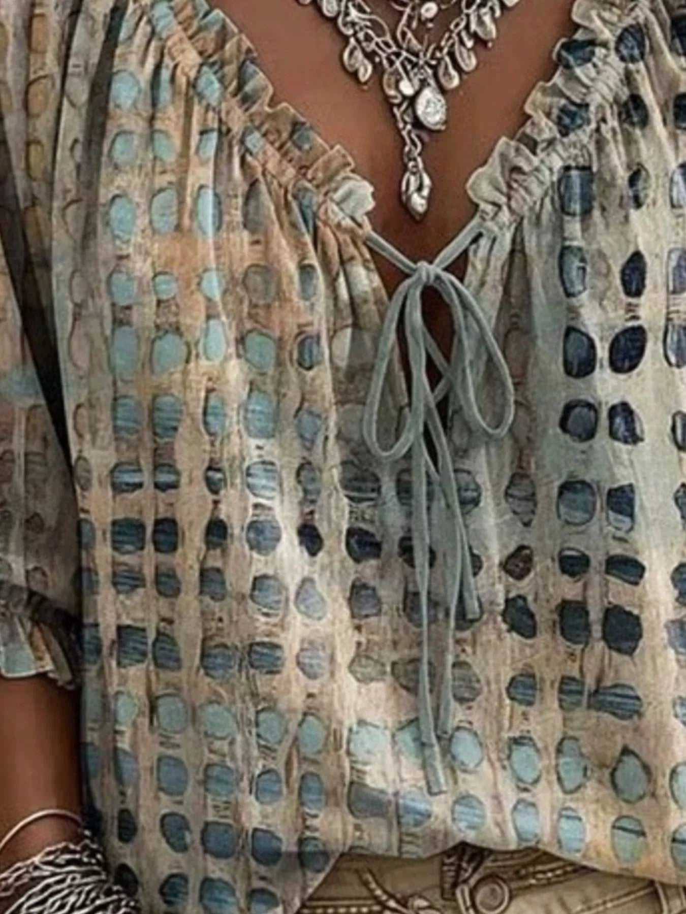 Full Size Tie Neck 3/4 Sleeve Blouse Plus Size