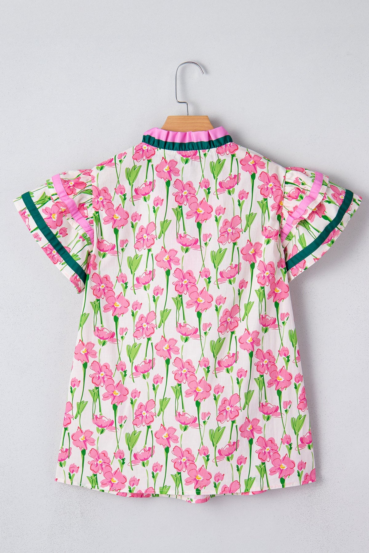 Floral Contrast Trim V-Neck Ruffle Short Sleeve Blouse