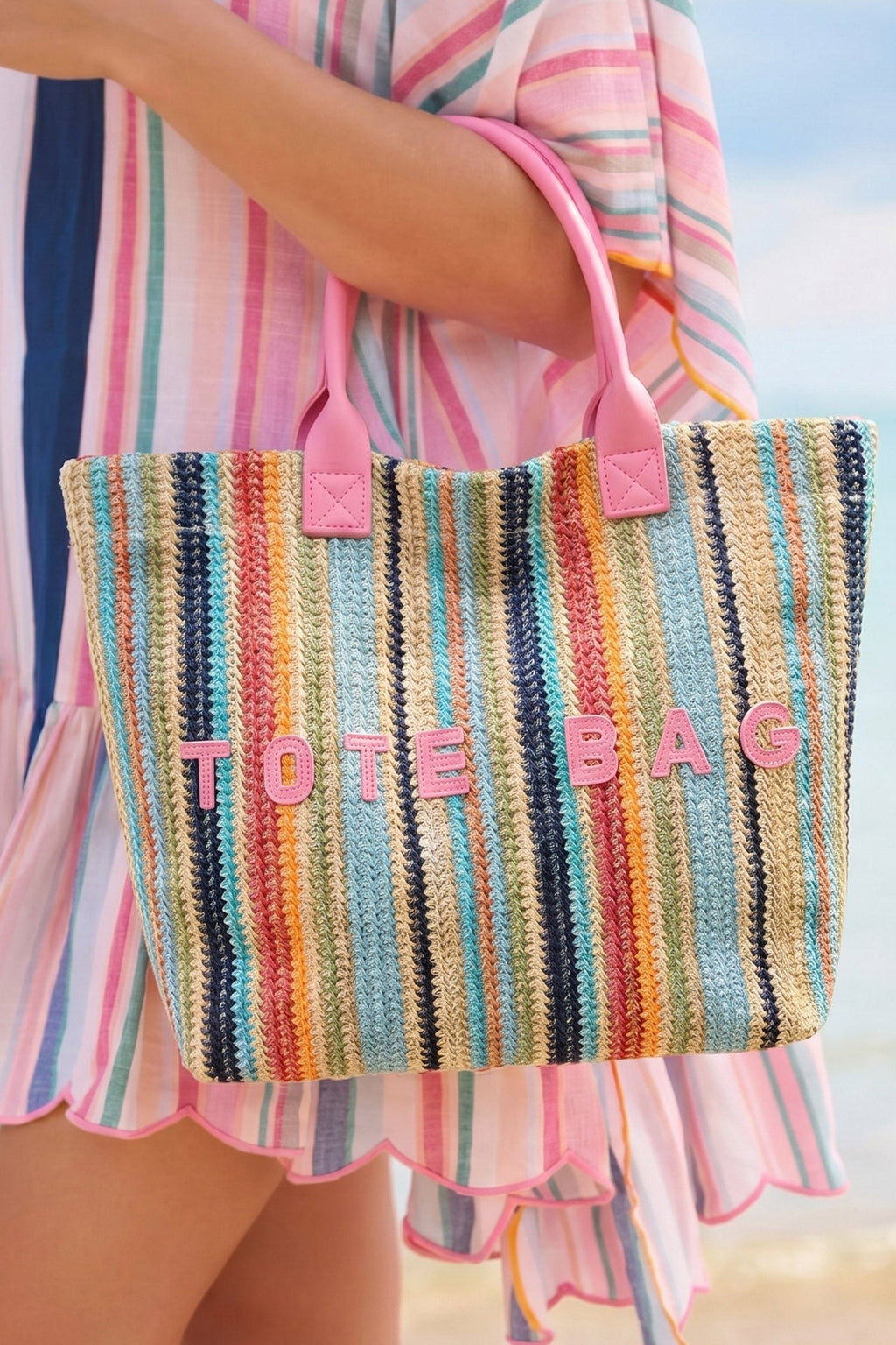 Sachet Pink Bohemian Straw Crochet Woven Tote Bag