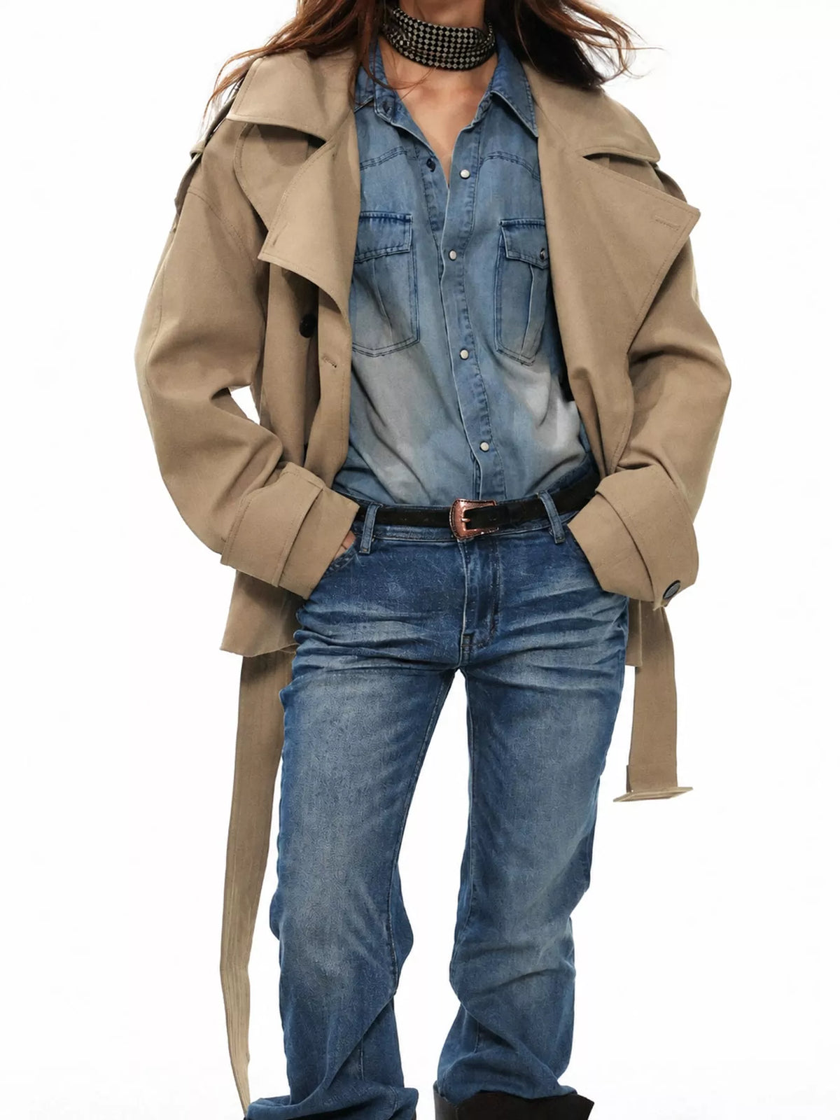 Belted Waist Button Up Trench Jacket