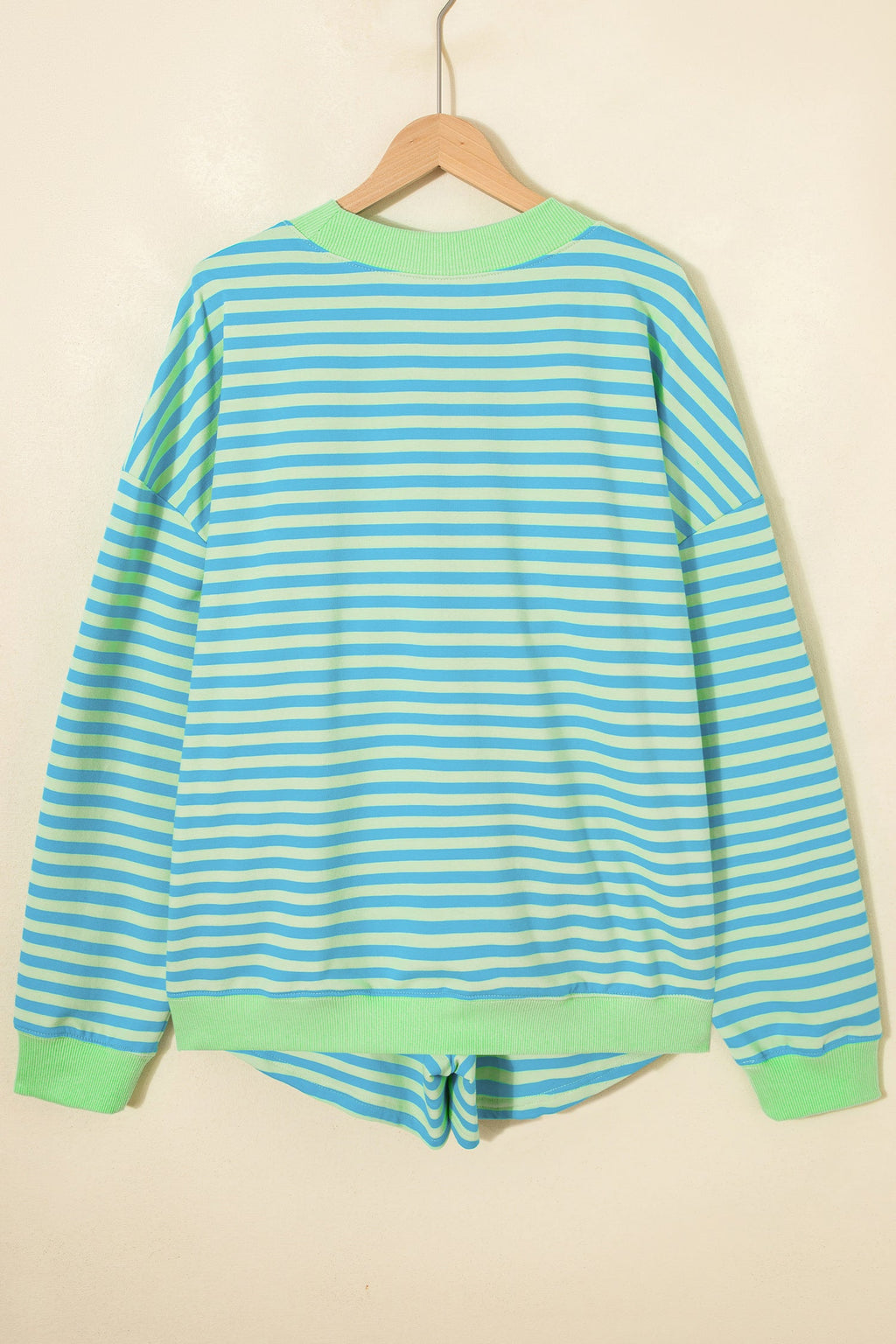 Green Stripe Color Block Detail Long Sleeve Pullover Elastic Waist Pull On Shorts 2pcs Set
