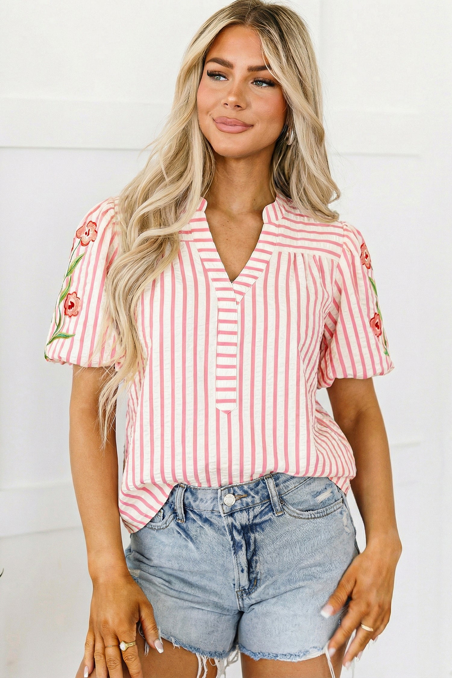 Pink Stripe Print Floral Embroidered Puff Sleeve V Neck Blouse