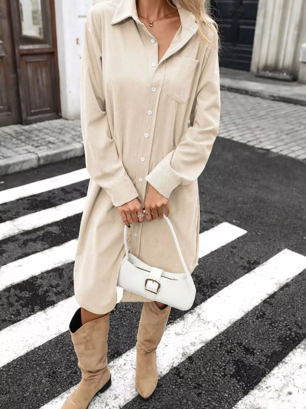 Corduroy Shirt Dress with Button-Down Front
