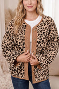 Leopard Plush Corduroy Trim Long Sleeve Jacket