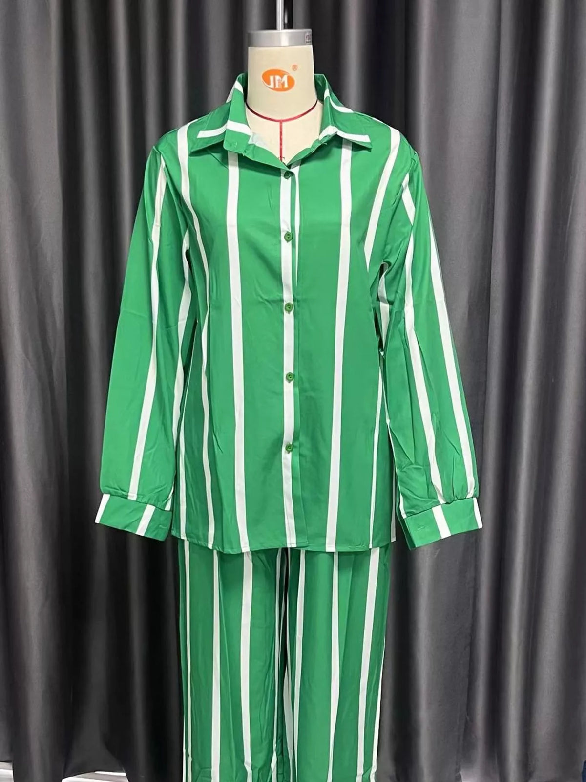 Striped Button-Down Shirt and Wide-Leg Pants Two-Piece Set