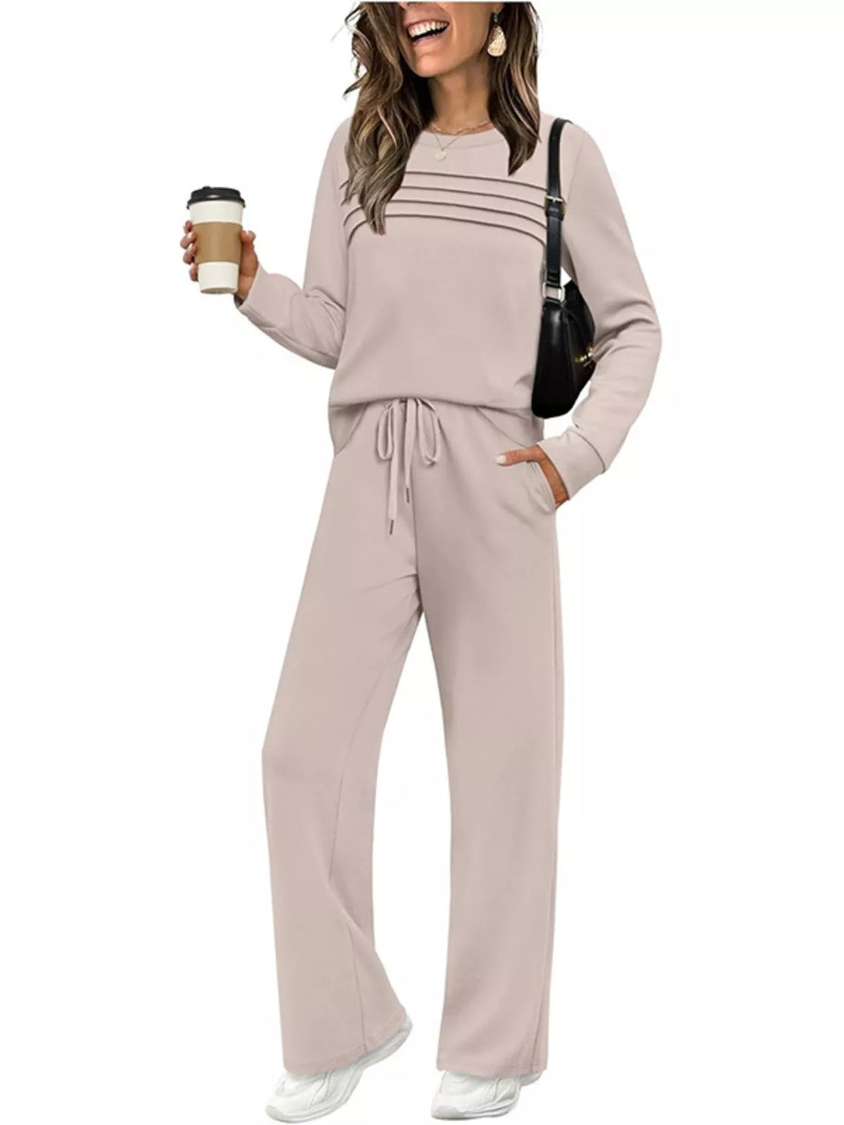 Full Size Casual Long Sleeve Crewneck Top and Drawstring Pants Set Plus Size