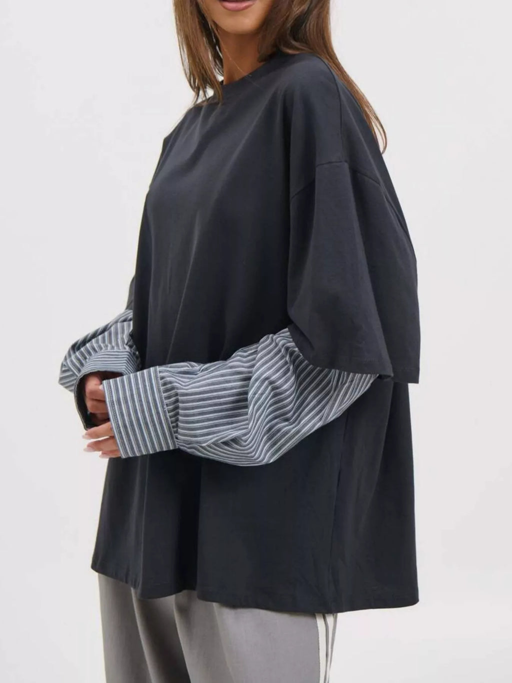 Oversized Layered-Look T-Shirt with Striped Sleeves