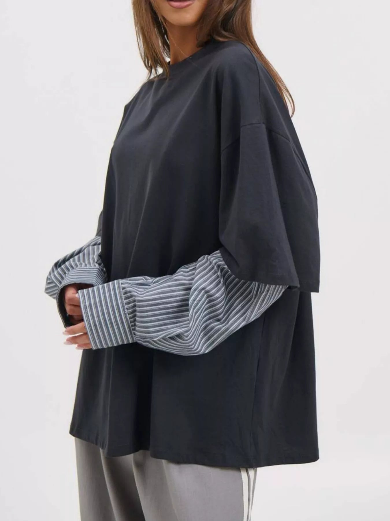 Oversized Layered-Look T-Shirt with Striped Sleeves