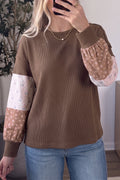 Coffee Floral Print Colorblock Long Sleeve Textured Loose Pullover Tunic Top