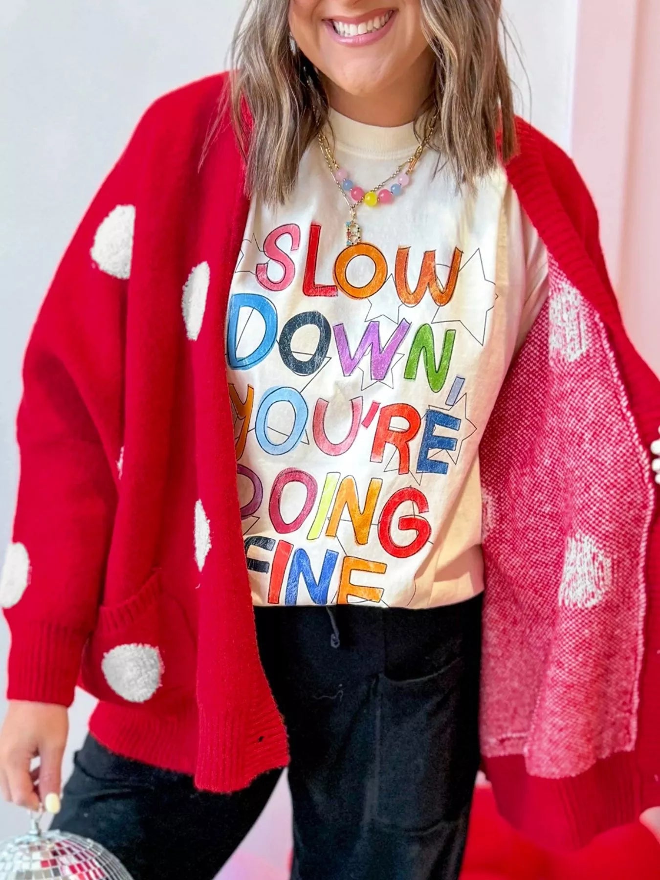 Polka Dot Button Front Oversized V Neck Cardigan