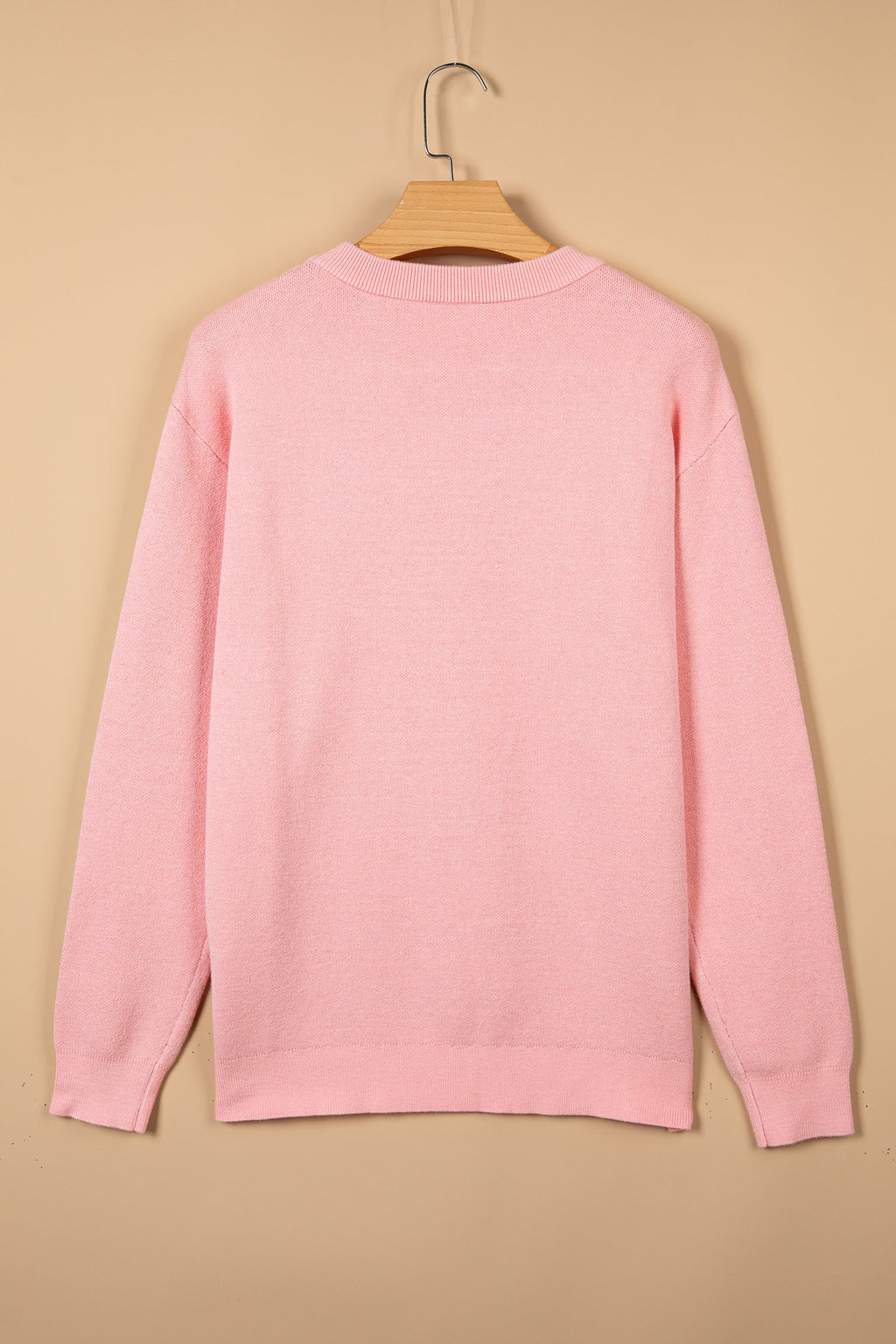 Gossamer Pink Drop Shoulder Round Neck Towel Embroidery Slogan Pullover Sweater