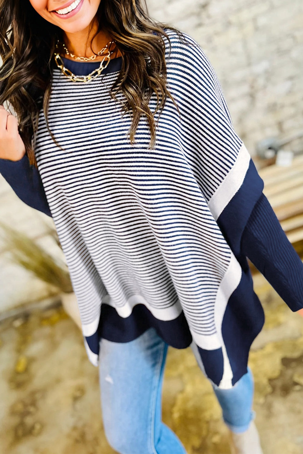 Stripe Colorblock Patchwork Dolman Sleeve Sweater