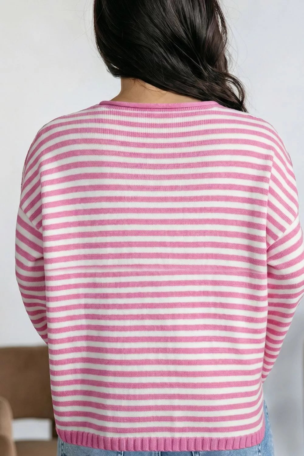 Striped Button Placket Drop Shoulder Long Sleeve Sweater