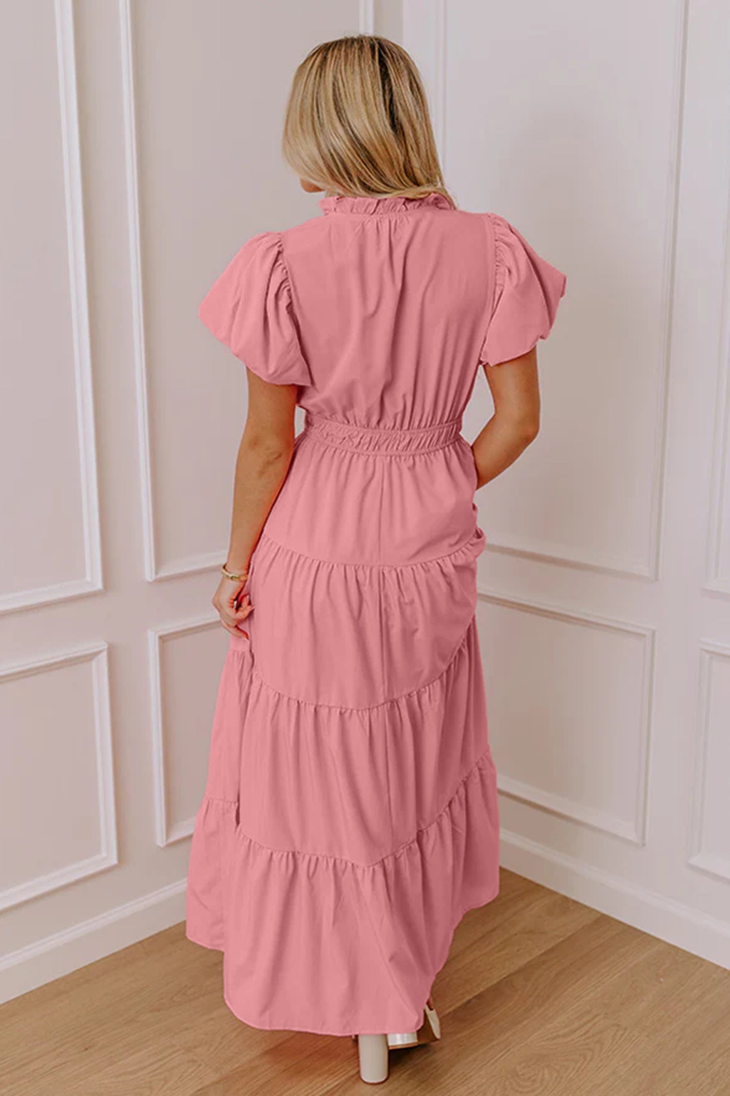 Gossamer Pink Solid Color V Neck Short Puff Sleeve High Waist Tiered Maxi Dress