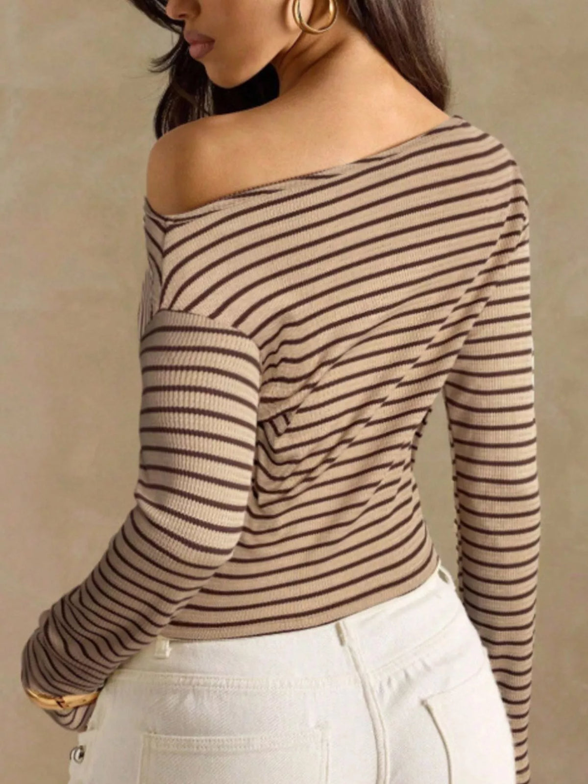 Off-Shoulder Striped Ribbed Long Sleeve T-Shirt