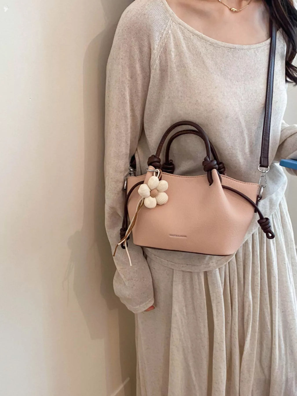 Leather Crossbody Bag with Flower Charm