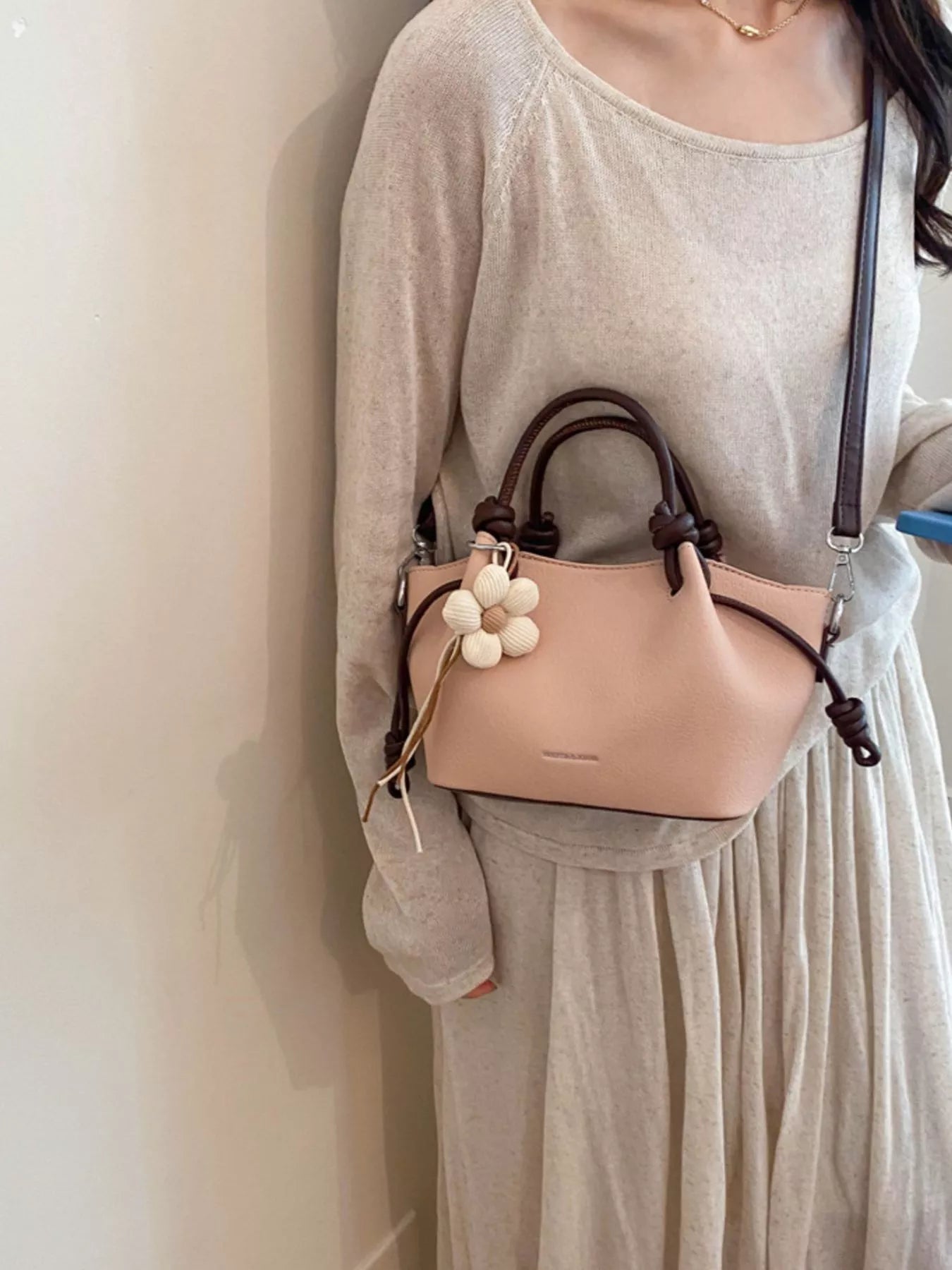 Leather Crossbody Bag with Flower Charm