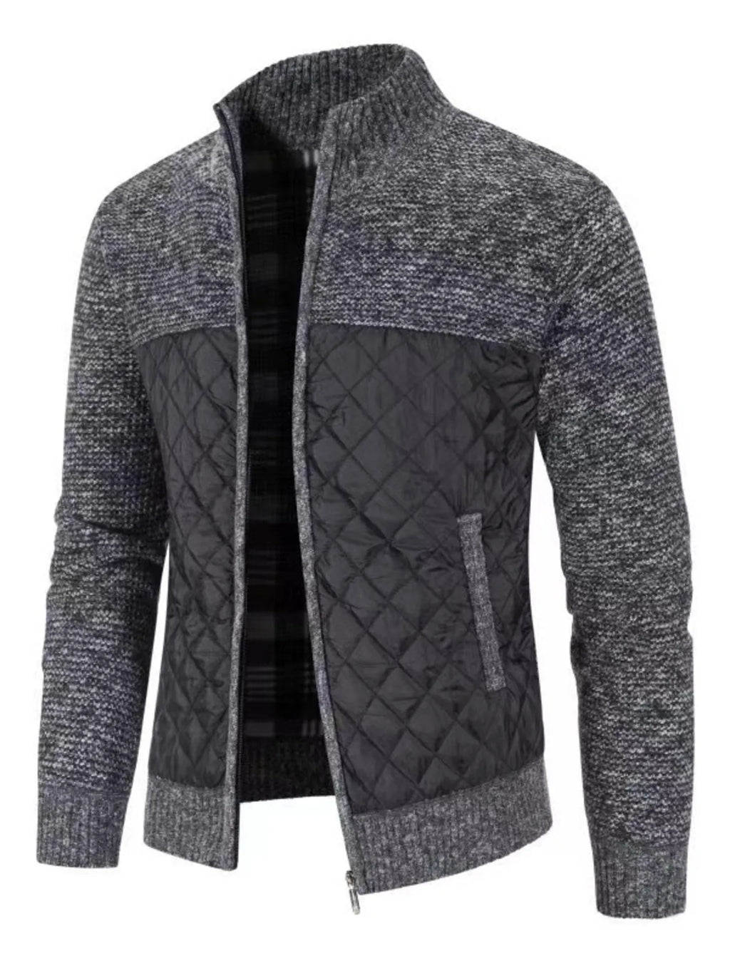 Men's Plus Size Quilted Panel Zip-Up Sweater Cardigan