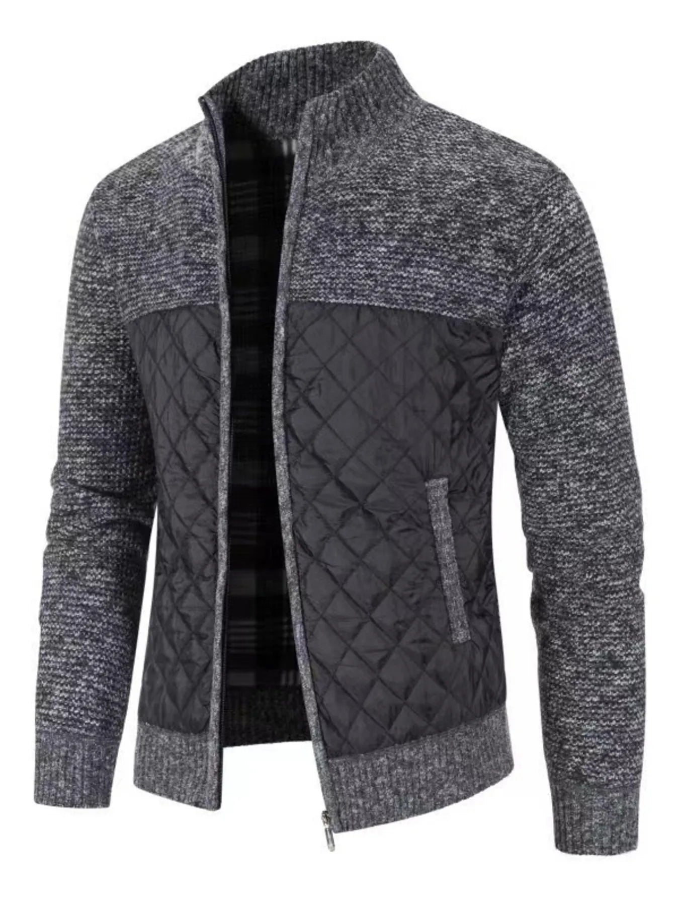 Men's Plus Size Quilted Panel Zip-Up Sweater Cardigan
