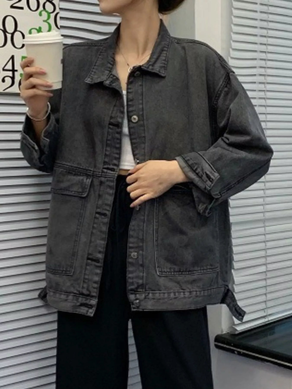 Oversized Wash Denim Jacket with Utility Pockets