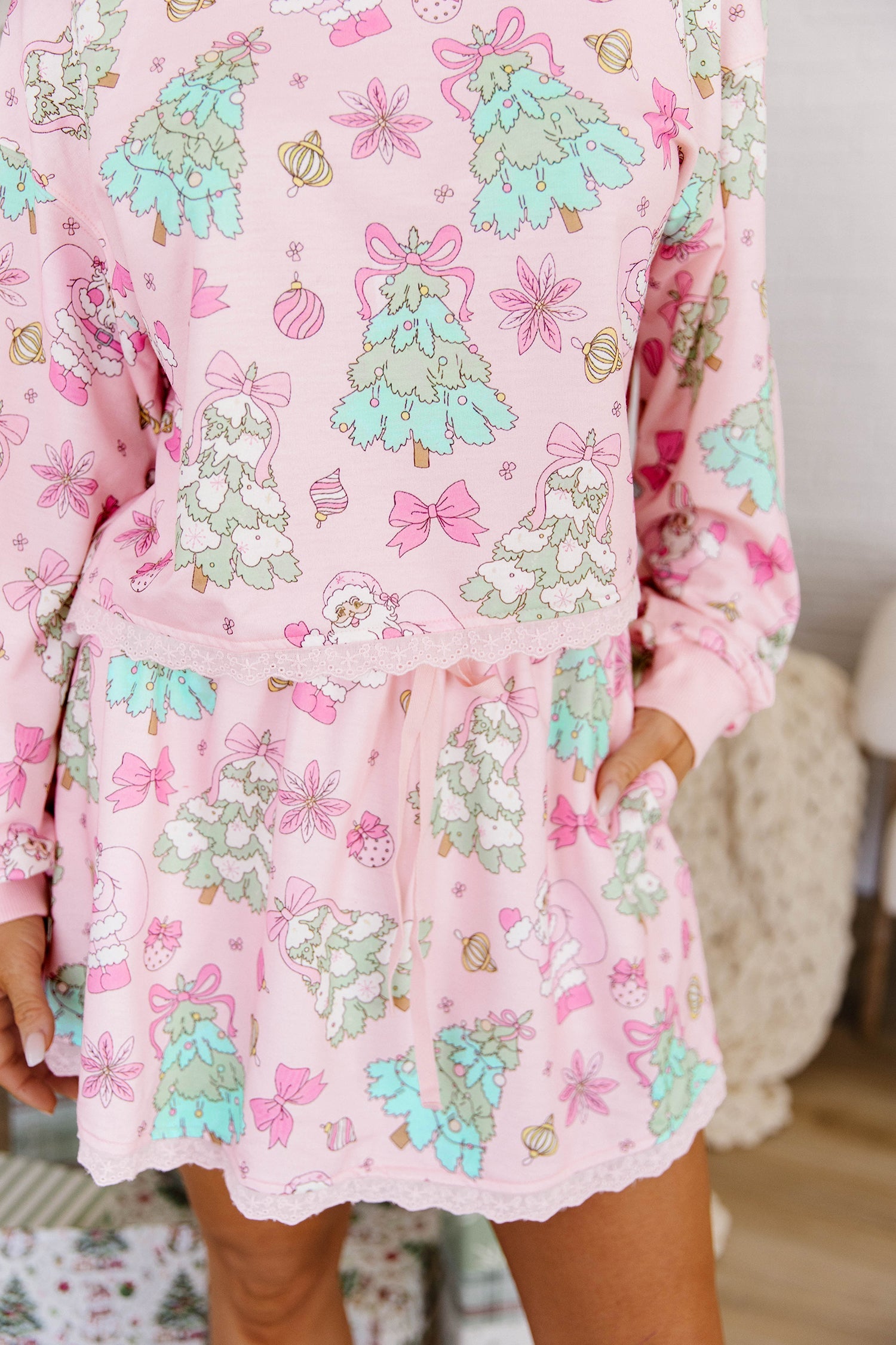Pink Floral Print Lace Trim Long Sleeve Skirt Set