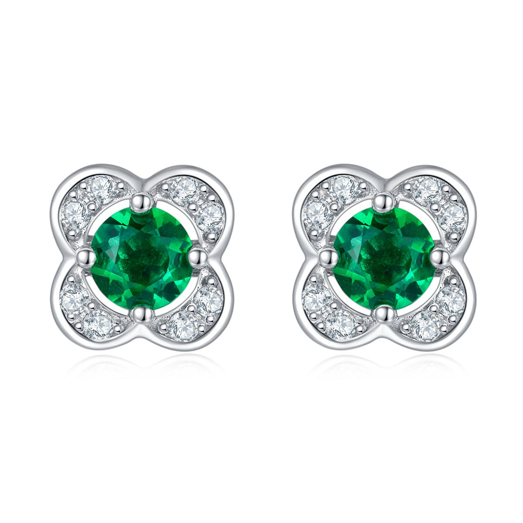 S925 Silver 1.5g 0.45ct Lab-Created Emerald Clover Earrings, 4mm Studs, Pair