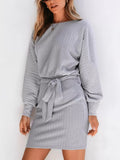 Round Neck Tie Waist Textured Dress