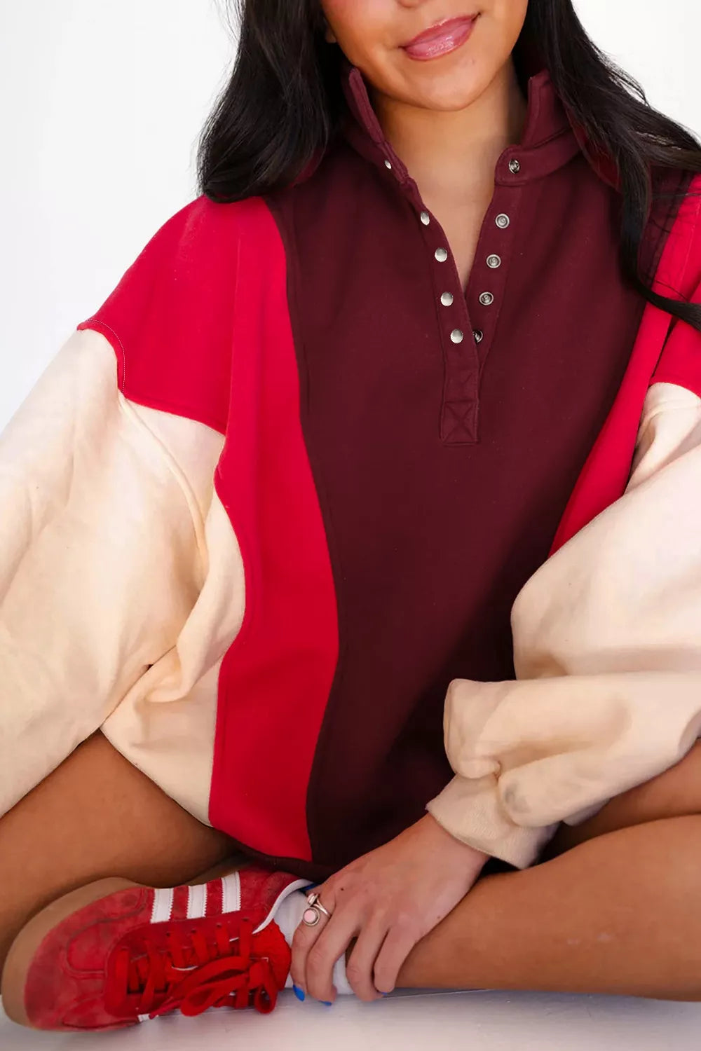 Color-Block Snap-Button Oversized Sweatshirt