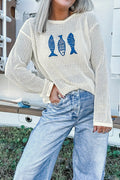 White Open Knit Fish Embroidered Casual Sweater