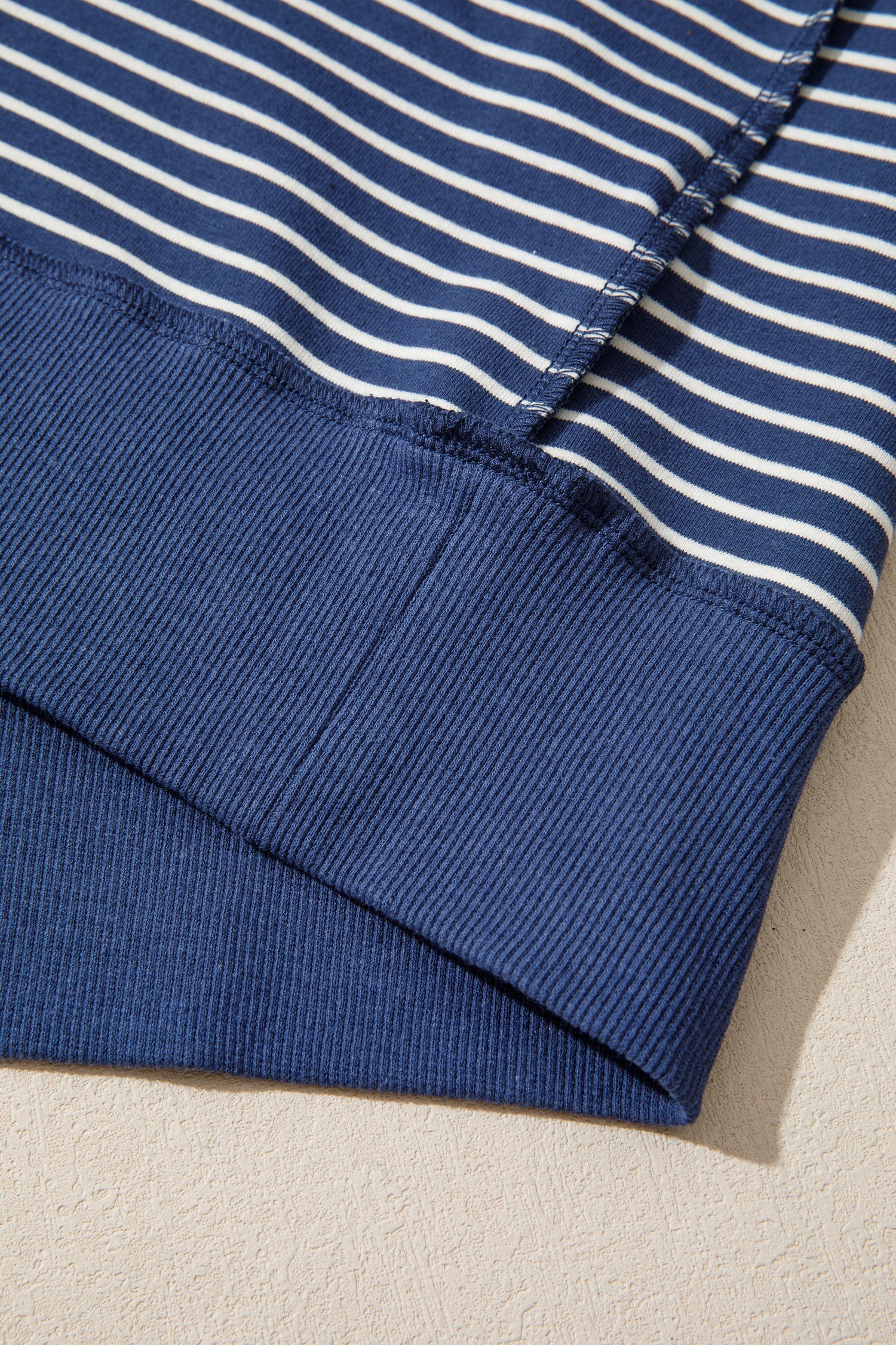 Blue Stripe Ribbed Patchwork Mock Neck Baggy Pullover Matching Shorts Set