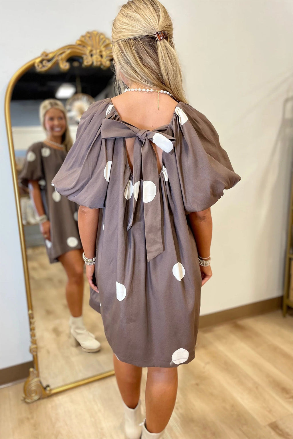 Brown Polka Dot Print Knot Back Short Puff Sleeve Loose Mini Dress