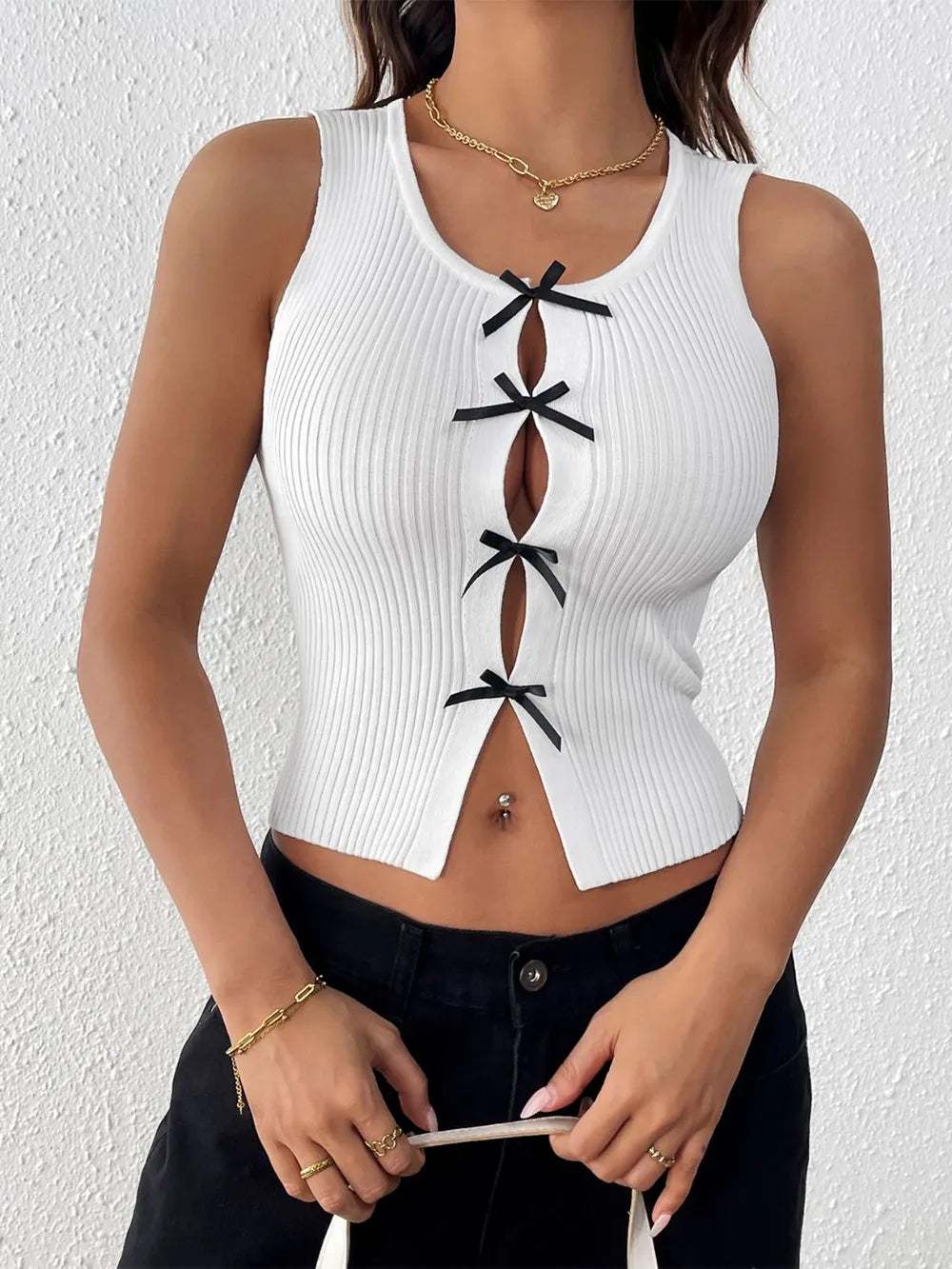 Bow Front Round Neck Stretch Tank Top