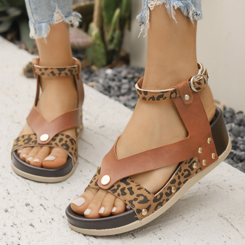 Leopard Ankle Strap Wedge Sandals