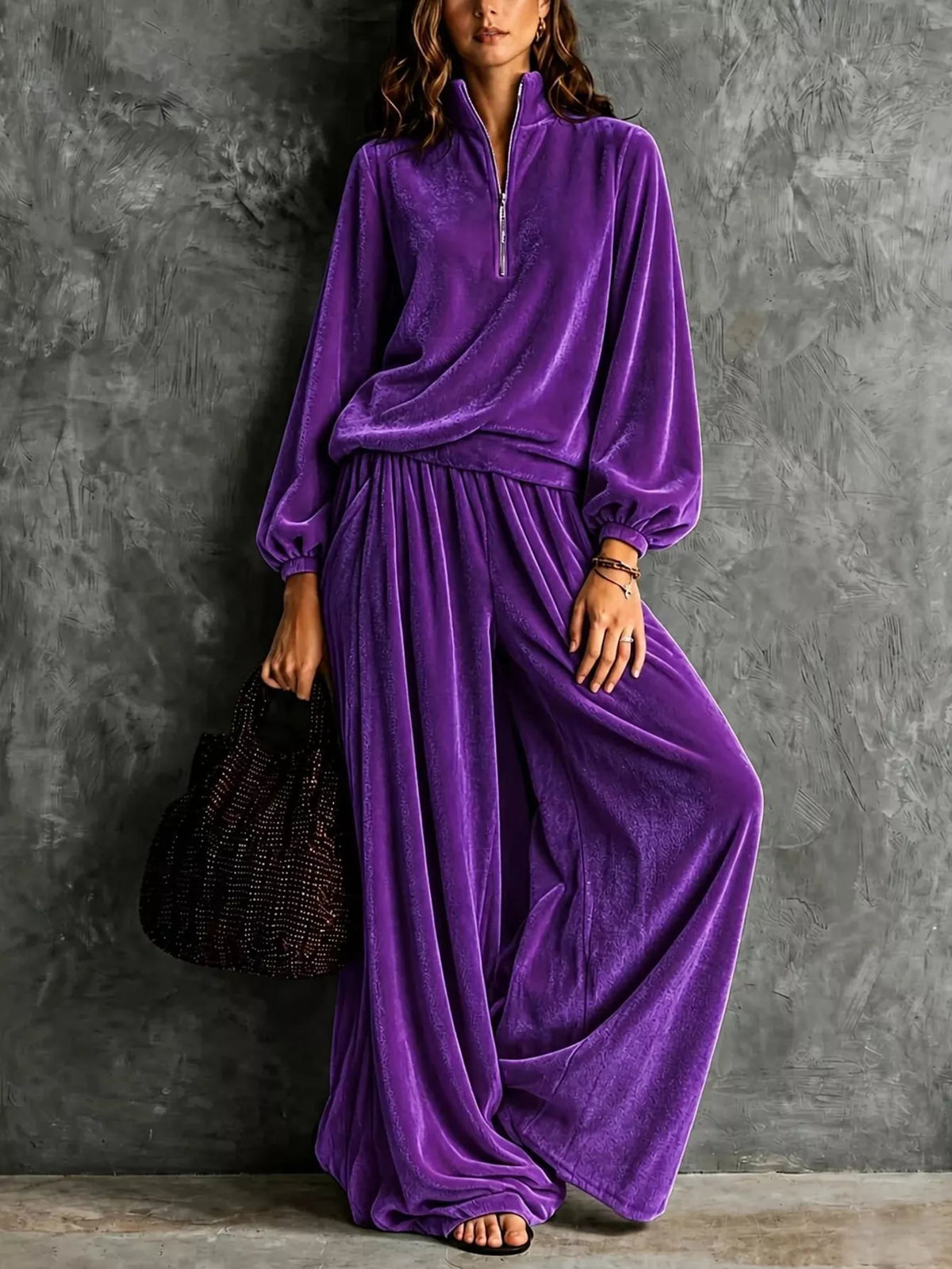 Quarter-Zip Sweatshirt and Wide-Leg Pants