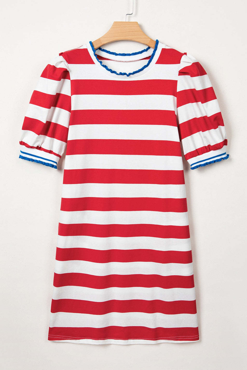 Red Stripe Contrast Trim Round Neck Short Puff Sleeve Shift Mini Dress