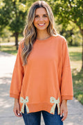 Grapefruit Orange Floral Bow Patched Exposed Seam Patchwork Slit Baggy Sweatshirt
