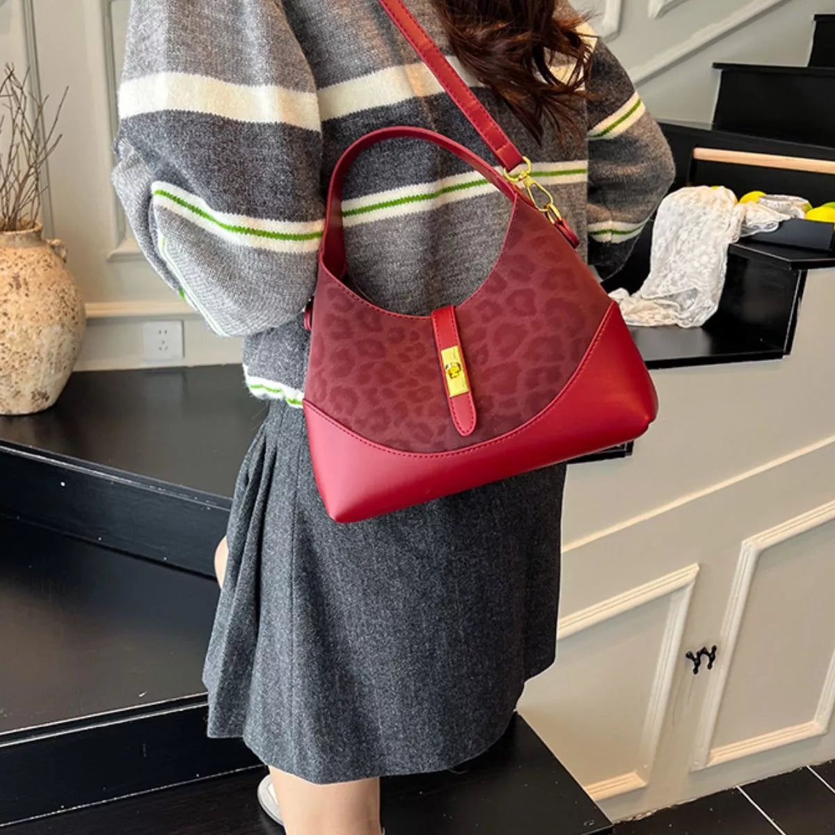 Leopard Leather Trimmed Crossbody Bag