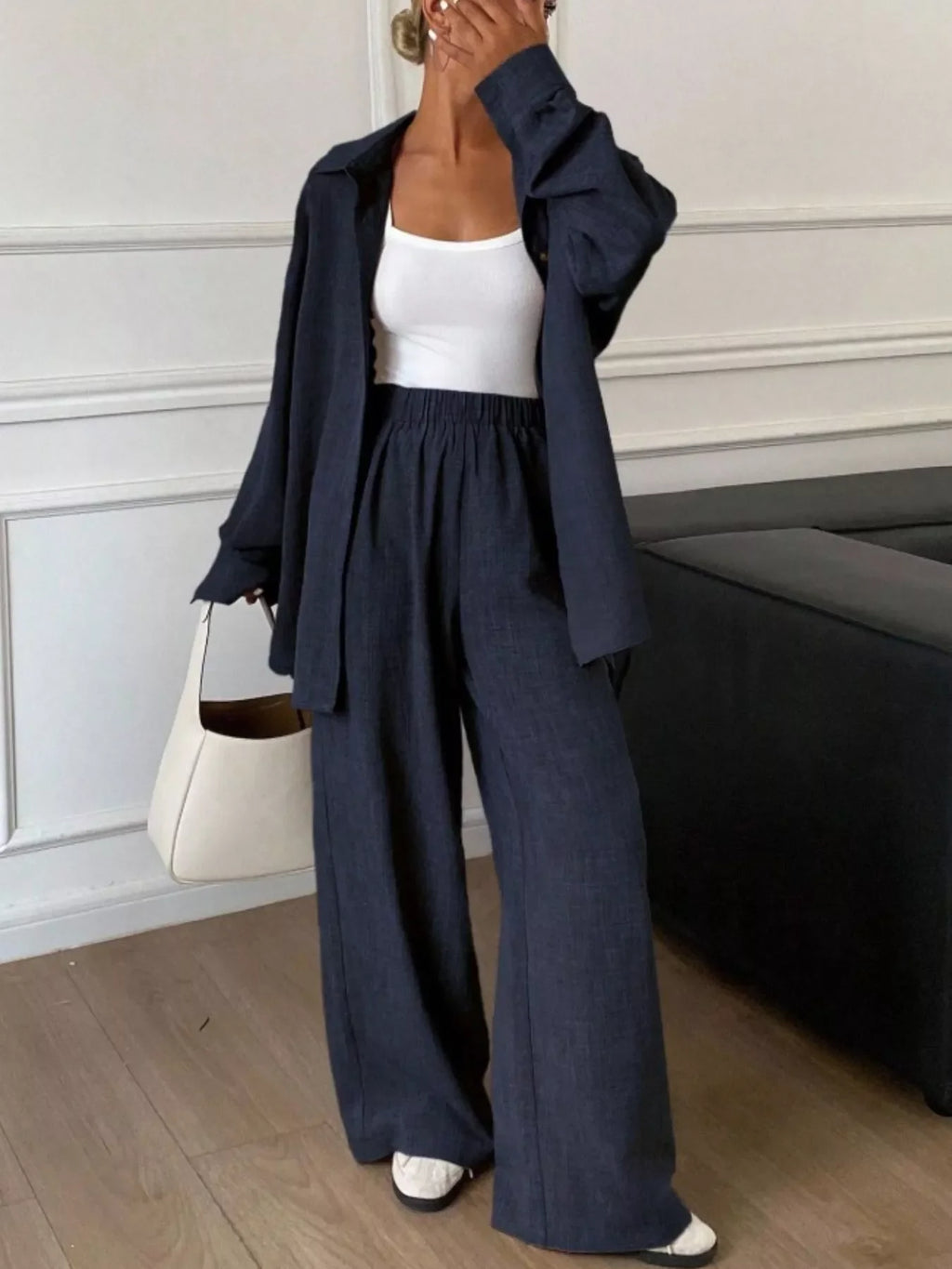 Button Up Long Sleeve Shirt and Wide Leg Pants Set