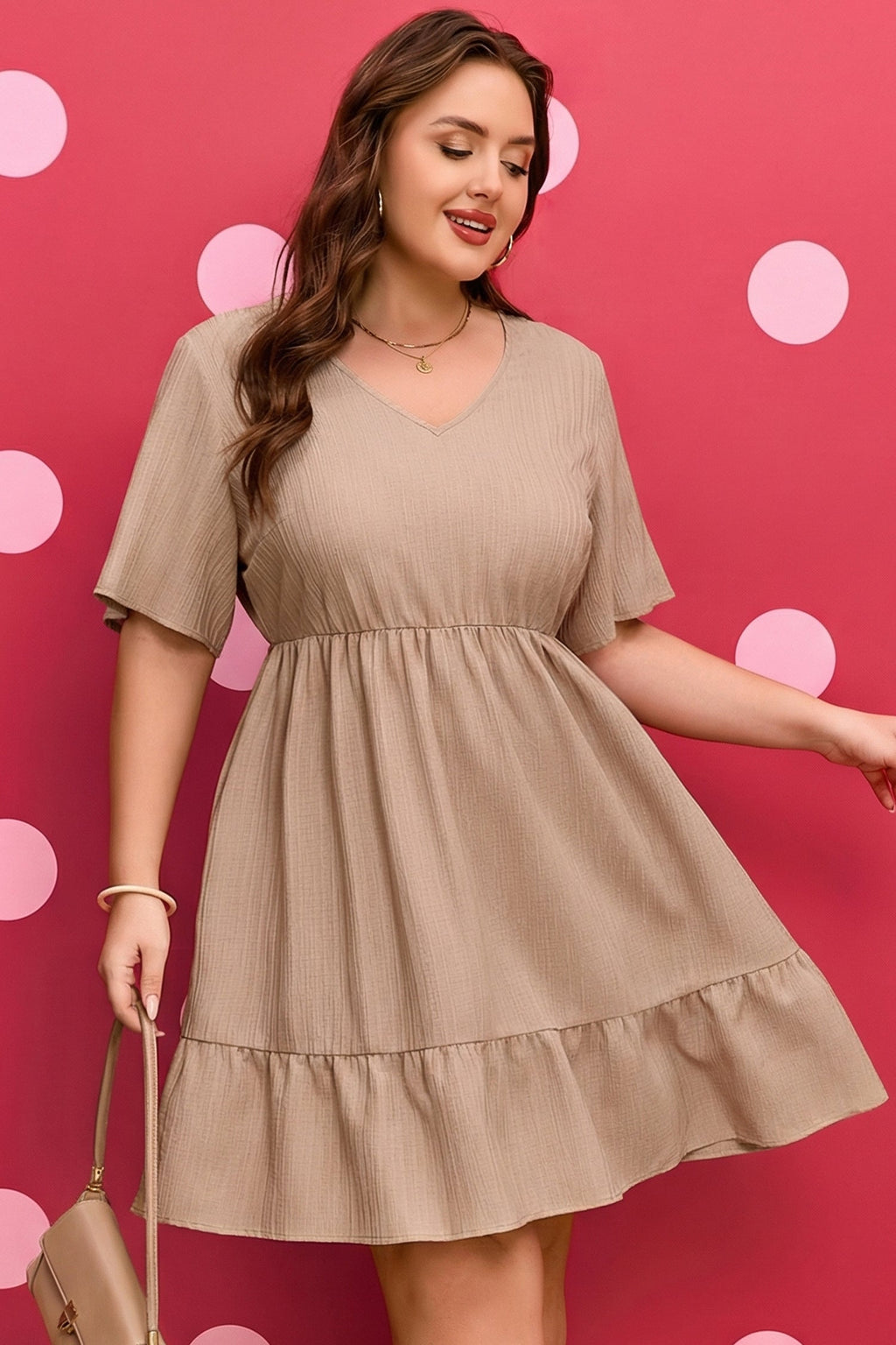 Dark Khaki Textured Ruffled Short Sleeve Dress