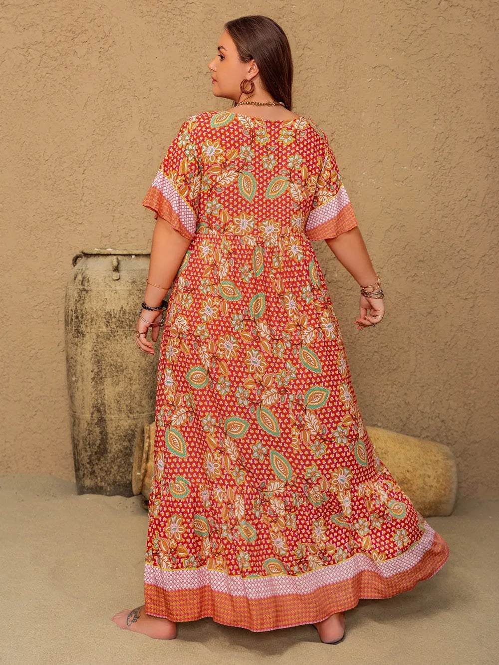Printed Tie Neck Flutter Sleeve Maxi Dress