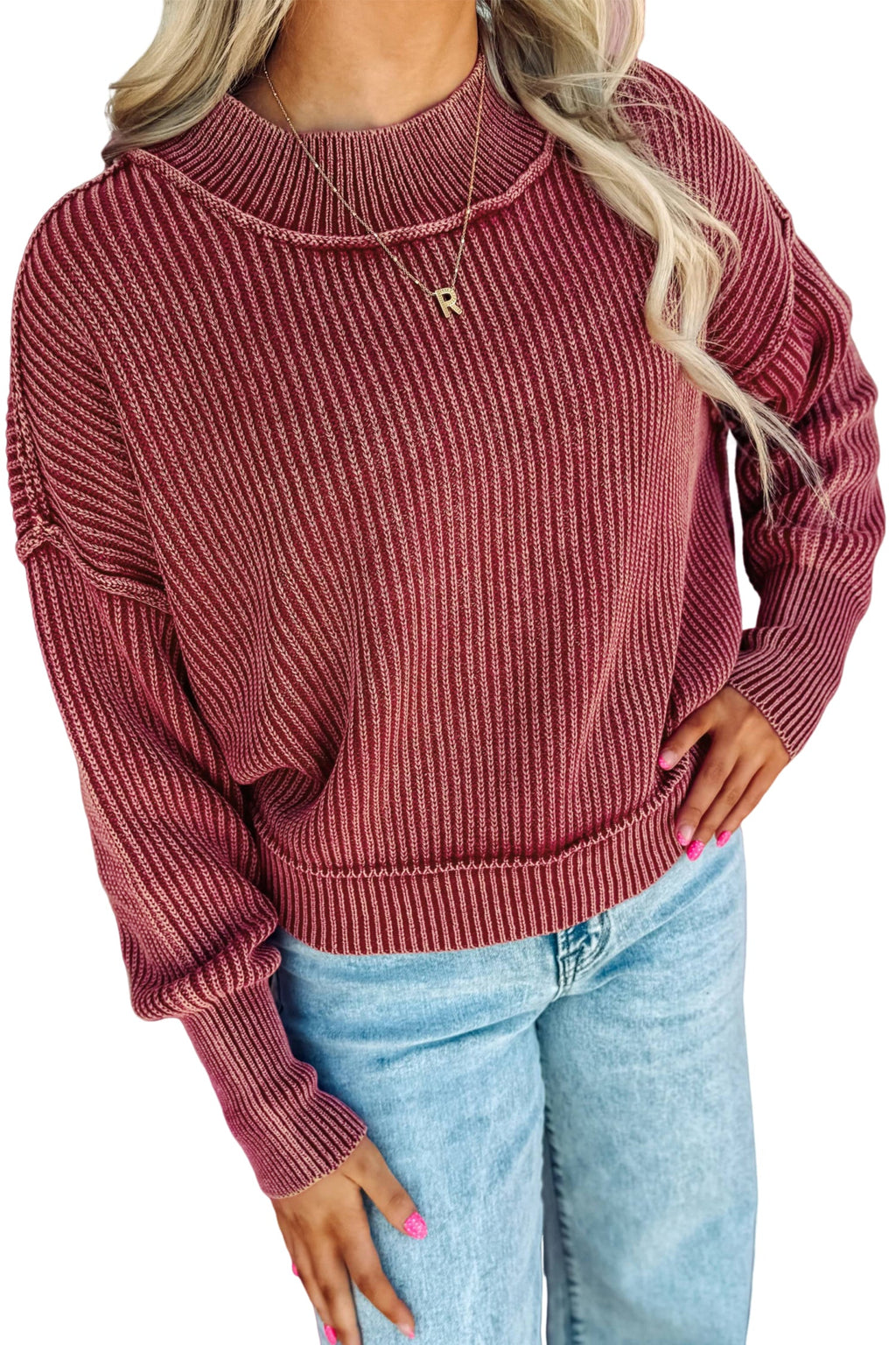 Red Dahlia Drop Shoulder High Neck Ribbed Sweater