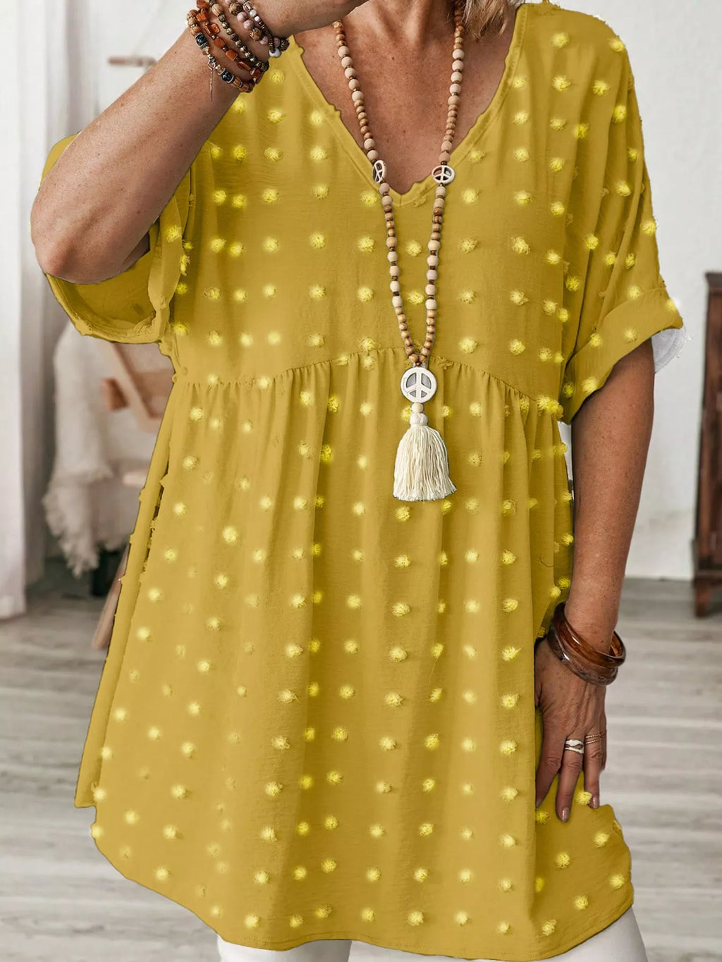 Plus Size Swiss Dot V-Neck Casual Blouse