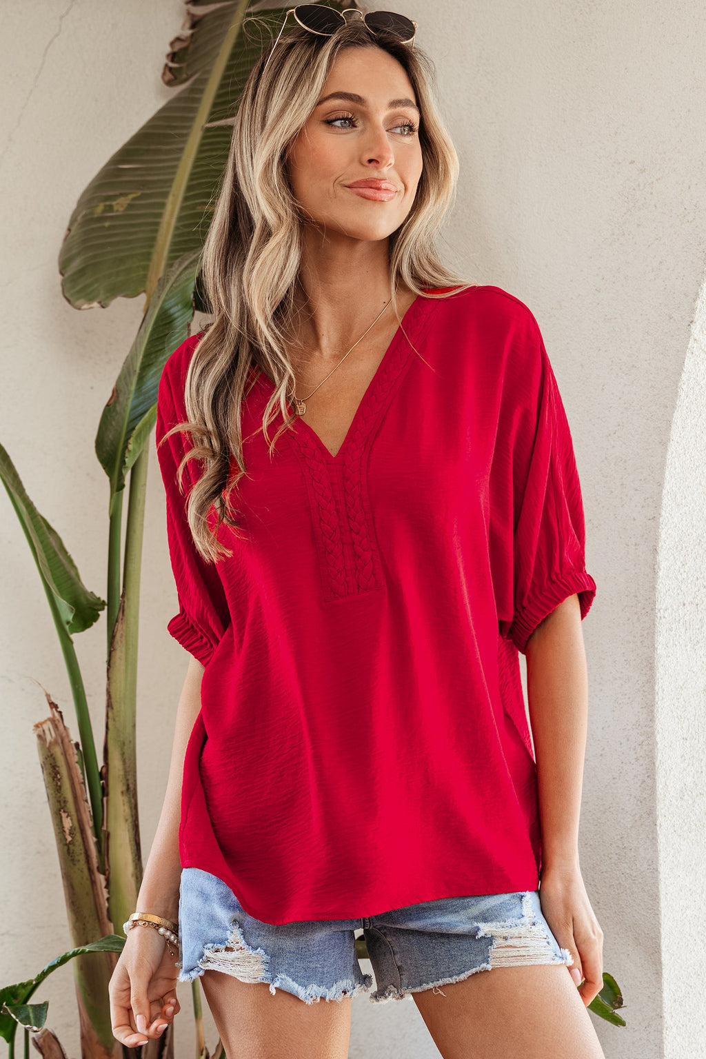 Racing Red Braided Trim V Neck Half Sleeve Blouse