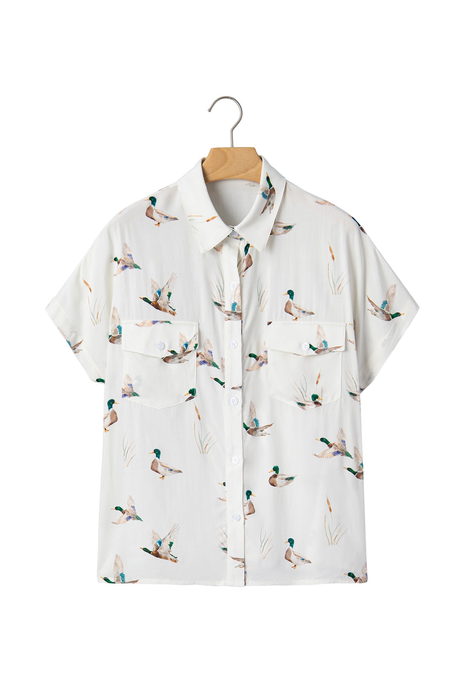 White Mallard Printed Button Flap Pocket Short Sleeve Shirt