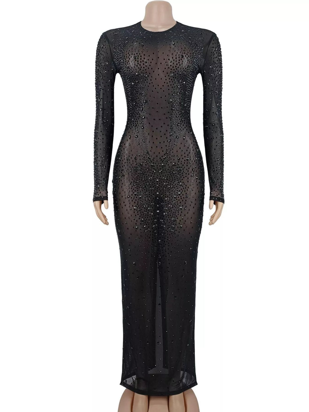 Sheer Mesh Rhinestone Embellished Long Sleeve Evening Dress