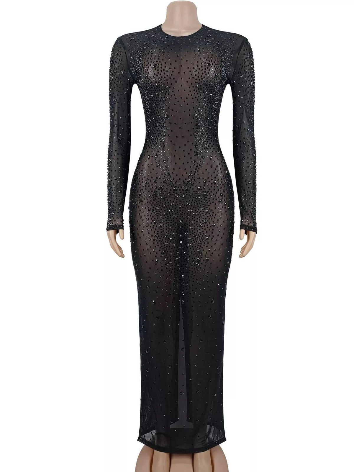 Sheer Mesh Rhinestone Embellished Long Sleeve Evening Dress