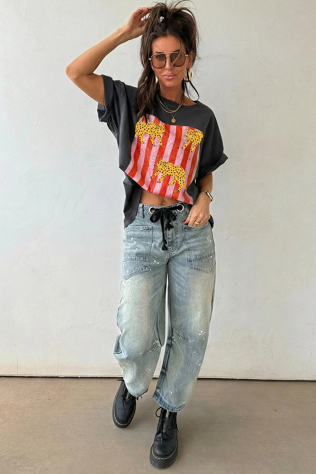 Dark Grey Cheetah Striped Print Retro Fashion Graphic Tee