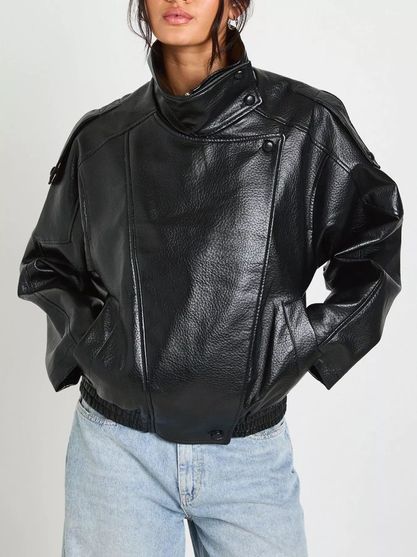 Faux Leather Moto Jacket with Asymmetrical Zip