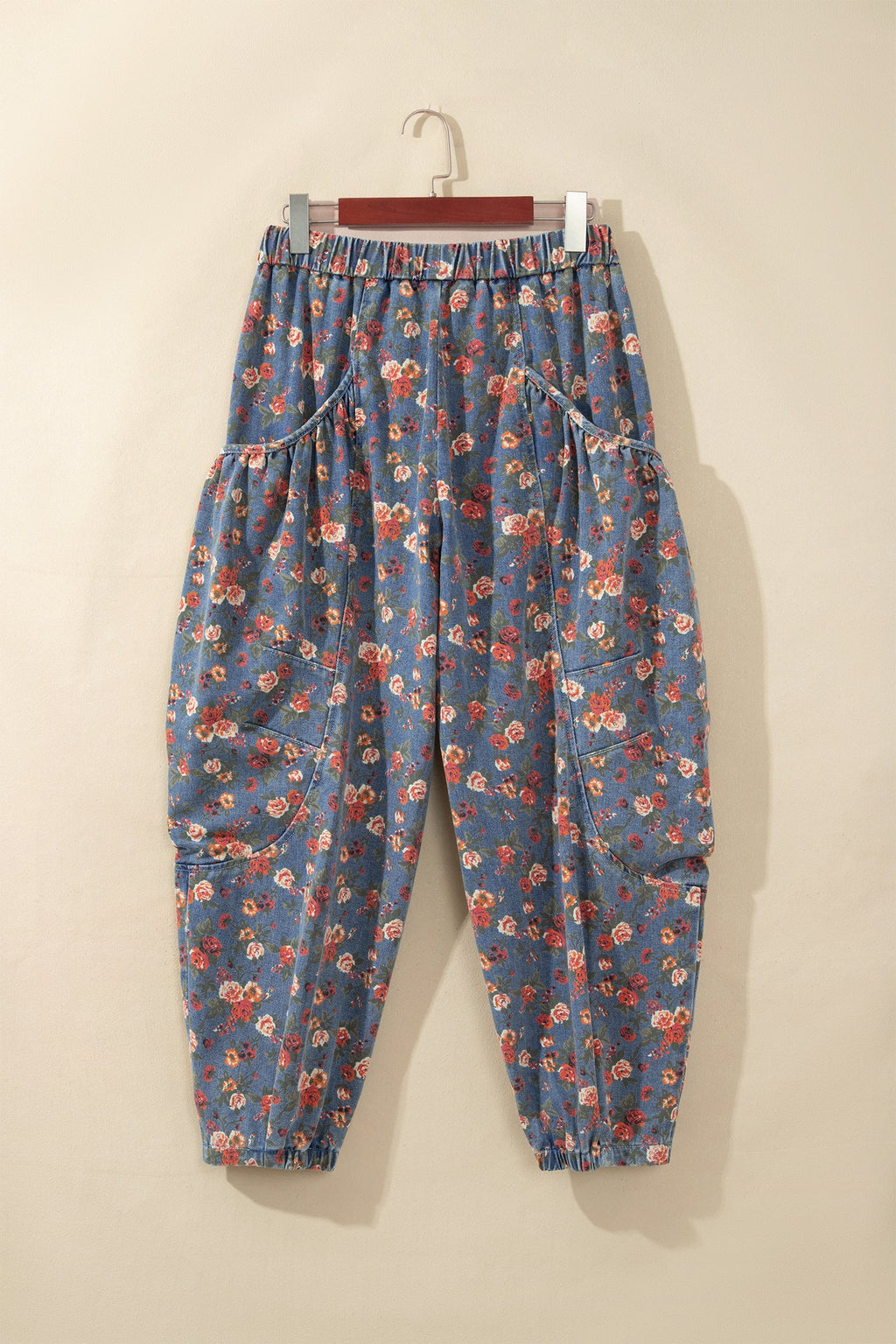 Beau Blue Retro Floral Print Elastic Waist Pocketed Barrel Jeans