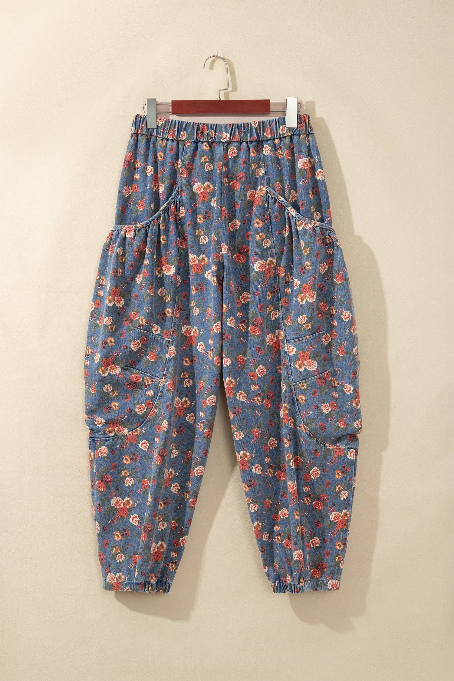 Beau Blue Retro Floral Print Elastic Waist Pocketed Barrel Jeans